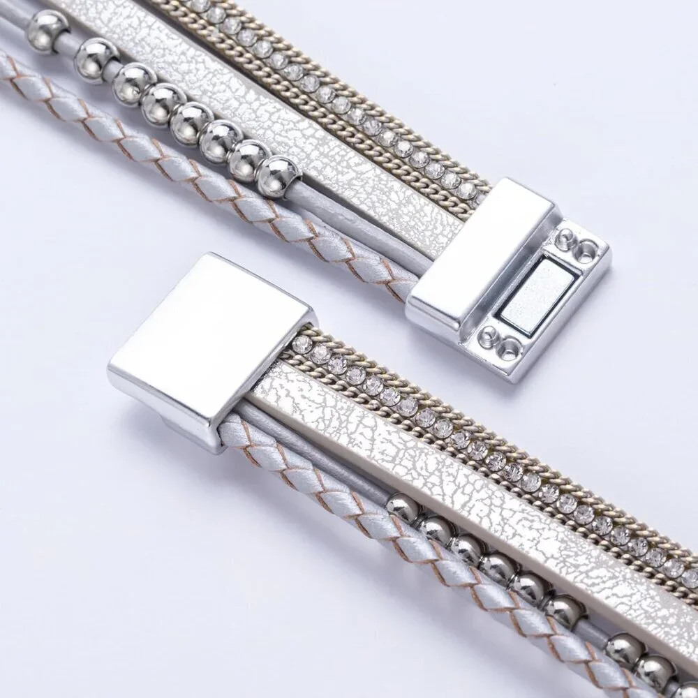 Women's Silver Boho Leather Wrap Stackable Infinity Chunky Cuff Western Bracelet